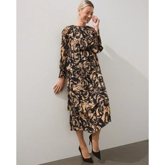 Chico's Dresses & Skirts - 💕CHICO'S BLACK LABEL💕 Tiered Pleated Dress Abstract Floral Neutral Combo NWOT